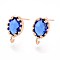 Brass Stud Earring Findings, with Glass and Loop, Long-Lasting Plated, Cadmium Free & Nickel Free & Lead Free, Oval, Light Gold, Blue, 11.5x7.5mm, Hole: 1mm, Pin: 0.7mm