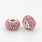 Resin Rhinestone European Beads, Grade A, Large Hole Rondelle Beads, with Silver Color Plated Brass Double Cores, Light Rose, 15x10mm, Hole: 5mm