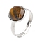 Half Round Natural Tiger Eye Finger Rings, 304 Stainless Steel Adjustable Rings for Women, Round Cabochons: 10mm, US Size 6(16.5mm), 3mm
