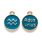 Alloy Enamel Pendants, Cadmium Free & Lead Free, Flat Round with Constellation, Light Gold, Dark Cyan, Aquarius, 22x18x2mm, Hole: 1.5mm