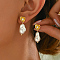 Elegant Brass Dangle Stud Earrings, Golden, with Imitation Pearl, Flower, 30x13mm
