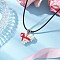 Glass Sead Beaded 3D Red Ribbon Heart Pendant Necklaces, Black Waxed Cotton Cord Necklaces for Women, White, 17.52 inch(44.5cm)