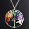 Natural Stone Chip Tree Of Life Chakra Pendant Necklaces, Platinum, Flat Round, 17.72 inch(45cm)