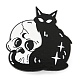 漫画の猫と頭蓋骨のエナメルピン  黒の亜鉛合金バッジ  ブラック  29x29x1mm JEWB-Q033-02D-1