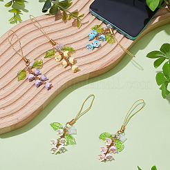 アクリル＆ガラスパール携帯ストラップ 5色 5個  花  PVCモバイル防塵プラグ付き  ゴールドカラー  ミックスカラー  100mm  1pc /カラー&nbsp;HJEW-SC0002-89