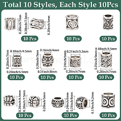 100 個 10 スタイルのチベットスタイル亜鉛合金ビーズ  コラム  アンティークシルバー  6.5~10x6~8.5mm  穴：3.5~6mm  10個/スタイル&nbsp;FIND-SP0005-91