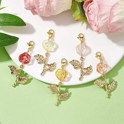 5個5色のローズガラスペンダントデコレーション  ステンレススチールのロブスター クロウ クラスプ チャーム バッグ キーチェーン 装飾品  ミックスカラー  57mm  1pc /カラー&nbsp;HJEW-JM01915