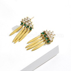 真鍮製マイクロパヴェキュービックジルコニアスタッドピアス  タッセルピアス  グリーン  ゴールドカラー  33x15mm&nbsp;EJEW-BB70428