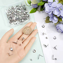60個 3スタイル 304ステンレススチールスタッドピアス金具  ループとイヤーナット60個付き  正方形&卵&楕円形  ステンレス鋼色  9.5~16x4.5~9.5x1~2mm  穴：2mm  ピン：0.8mm  20個/スタイル&nbsp;STAS-SP0001-58