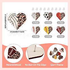 6 пара серег-гвоздиков в форме сердечек из дерева в спортивном стиле&nbsp;EJEW-TA0001-33