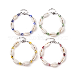 4шт 4-цветные браслеты из бусин лэмпворк с ракушками каури и сглаза для женщин BJEW-TA00591