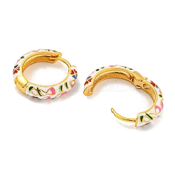 ラックメッキブラスフープピアス  花のエナメル  カドミウムフリー＆鉛フリー  長持ちメッキ  18KGP本金メッキ  ホワイト  19x4.5mm&nbsp;EJEW-C102-46G-07