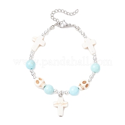 Браслеты с подвесками в виде черепа из латуни с синтетической бирюзой BJEW-JB12192-02