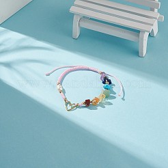 天然石と淡水パールを組み合わせたビーズブレスレット  男性女性のための真鍮のハート リンク ブレスレット  パールピンク  内径：2~3-5/8インチ（5.1~9.1cm）&nbsp;BJEW-JB08720-01