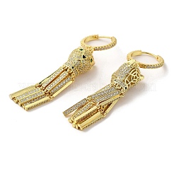 ヒョウの頭の本物の 18k 金メッキ真鍮ダングルフープピアス  キュービックジルコニア付き長方形タッセルイヤリング  グリーン  75x14mm&nbsp;EJEW-Q797-18G