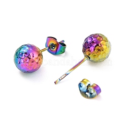イオンプレーティング（IP）304ステンレススチールスタッドピアス金具  耳ナッツ  テクスチャラウンド  虹色  19x8mm  ピン：0.7mm&nbsp;STAS-I183-09B-M