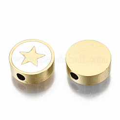 304ステンレススチールビーズ  エナメル  ホワイト  スターとフラットラウンド  ゴールドカラー  9.5x3mm  穴：2mm&nbsp;X-STAS-S080-022G