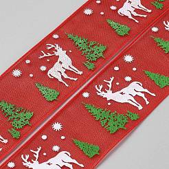 5 ярд полиэстеровой ленты с принтом рождественской елки и оленя&nbsp;SRIB-WH0072-05B