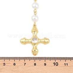 Подвеска в виде креста из латуни с прозрачными кубическими циркониями и цепочкой ручной работы из искусственного жемчуга ABS.&nbsp;NJEW-F364-06G