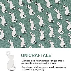 304ステンレススチール子猫チャーム300個  猫のシルエット形状  ステンレス鋼色  13x5.5x0.5mm  穴：1.2mm&nbsp;STAS-UN0030-07