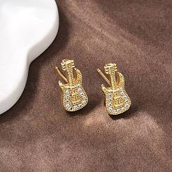 Серьги-гвоздики для гитары с микропаве из прозрачных кубических цирконий из латуни&nbsp;EJEW-F400-08G