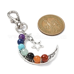 Colgante de luna de aleación y piedra mezclada sintética y natural de chakra envuelto en alambre&nbsp;HJEW-JM01576-01