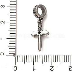316サージカルステンレススチール＆ラインストーンのヨーロピアンダングルチャーム  短剣  アンティークシルバー  ジェット  28mm  穴：5mm&nbsp;SA-CBA7555-17AS-01
