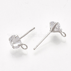 真鍮製スタッドピアスパーツ  キュービックジルコニアとループ  透明  プラチナメッキ  10x6.5mm  穴：2mm  ピン：0.8mm&nbsp;X-KK-T035-123P