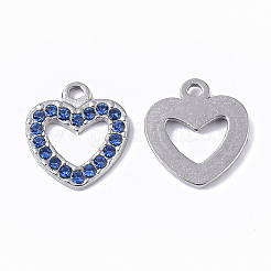 304ステンレスペンダント  ラインストーン付き  ハート  ステンレス鋼色  サファイア  15x14x2mm  穴：1.5mm&nbsp;STAS-T050-008P-02