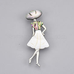 シェルブローチ/ペンダント  合金パーツと樹脂底  女性  プラチナ  貝殻色  85x31x12mm  穴：9x5.5mm  ピン：0.6mm&nbsp;SHEL-S275-42F