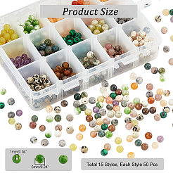 750個15スタイルの天然および合成宝石ビーズ  ラウンド  染めと未染色の混合  6mm  穴：1mm  50個/スタイル&nbsp;G-NB0003-88