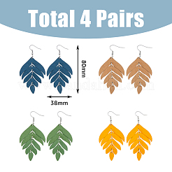 4 пара двухцветных сережек-подвесок в виде деревянных листьев EJEW-FI0001-94