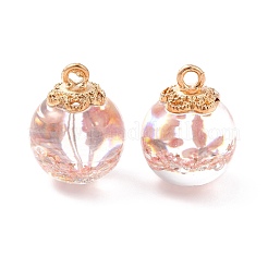 ガラスドライフラワービッグサイズペンダント  合金パーツ  ラウンド  ライトゴールド  ピンク  21x16mm  穴：2mm&nbsp;GLAA-P050-01KCG-06