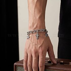 201ステンレススチール製、宗教的な十字架と星のチャームが付いた2連ブレスレット（男女兼用）  変色なし  ステンレス鋼色  6.69インチ（17cm）&nbsp;WGB8510-01