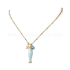 Halsketten mit Anhängern aus Messing und Emaille (Symbol: böser Blick) sowie Fischanhängern aus Edelstahl 304 und passenden Ketten aus Edelstahl 304 für Damen&nbsp;NJEW-JN06382-01