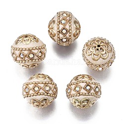 Perles Indonésiennes manuelles, avec les accessoires en métal, ronde, or clair, blanc antique, 19.5x19mm, Trou: 1mm