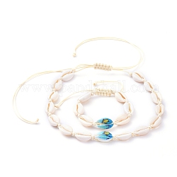 Ensembles de bijoux bracelets et colliers style perles tressées, perles de coquille de cauris naturelles et cordon en polyester ciré coréen écologiques, motif de tortue, 2 pouce ~ 3-1/4 pouces (5~8.3 cm), 14.5~29.9 pouce (37~76 cm)