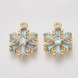 Brass Cubic Zirconia Charms, Snowflake, Pale Turquoise & Clear, Nickel Free, Real 18K Gold Plated, 13x11x3mm, Hole: 1mm