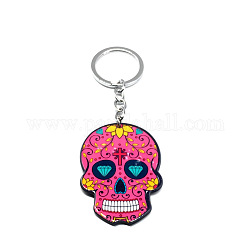 Porte-clés pendentif en plastique, avec les principaux anneaux de fer, crane, rose chaud, pendentif: 5.7x4cm