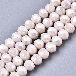 FilI di perline in vetro placcato, lustro di perla placcato, sfaccettato, rondelle, rosa nebbiosa, 6x5mm, Foro: 1 mm, circa 85~88pcs/filo, 16.1~16.5 pollice (41~42 cm)