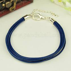 Fashion Bracelets, with Cowhide Leather Cord and Alloy Lobster Claw Clasps, Marine Blue, 198mm