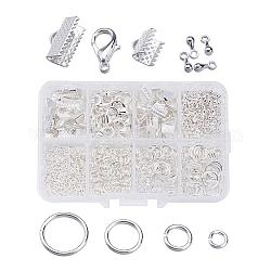 1Box Jewelry Findings 20PCS Alloy Lobster Claw Clasps, 45PCS Iron Ribbon Ends, 40g Brass Jump Rings, 10g Alloy Teardrop End Pieces, Silver Color Plated, Lobster Clasps: 14x8mm, Hole: 1.8mm, Ribbon Ends: 8~13x6~7x5mm, Hole: 2mm, Jump Rings: 4~10mm, End Piece: 7x2.5mm, Hole: 1.5mm