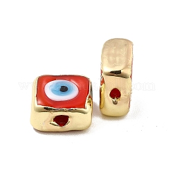 Brass Enamel Beads, Long-Lasting Plated, Real 18K Gold Plated, Square with Evil Eye Pattern, Red, 10~11x10~11x4.5~5.5mm, Hole: 1.6~1.8mm