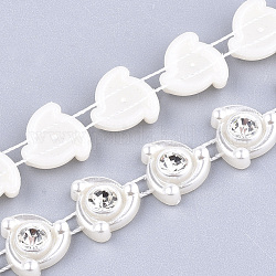 Chapelets guirlande de garniture perles en ABS plastique imitation perle, idéal pour le rideau de porte, matériel de bricolage de décoration de mariage, avec strass, fleur, floral blanc, 12x4.5 mm, 10 mètres / rouleau