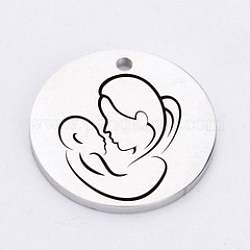 Mother's Day 304 Stainless Steel Pendants, Laser Cut, Flat Round with Mother & Baby, Stainless Steel Color, 20mm