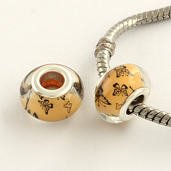 Large Hole Butterfly Pattern Acrylic European Beads, with Platinum Plated Brass Double Cores, Rondelle, Sandy Brown, 14x9mm, Hole: 5mm