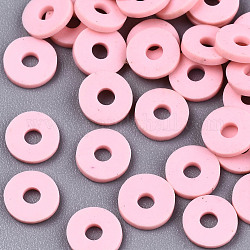 Perles en pâte polymère manuel, pour les fournitures de bricolage bijoux artisanat, disque / plat rond, perles heishi, rose, 6x1mm, Trou: 2mm, environ 1175 pcs/50 g