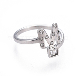Anillos de dedo de 304 acero inoxidable, con diamante de imitación, letra inicial m & cuadrado, color acero inoxidable, tamaño de 6~9, 16~19mm