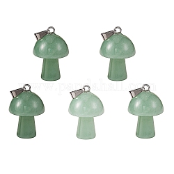 5pcs pendentifs en aventurine verte naturelle, avec boucles en acier inoxydable, platine, en forme de champignon, 24x16mm, Trou: 5mm