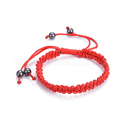 Nylon ajustable pulseras trenzadas cuerda, pulseras de hilo rojo, con los abalorios de hematita sintético no magnéticos, rojo, 2-1/8 pulgada ~ 3-3/8 pulgadas (5.3~8.4 cm)